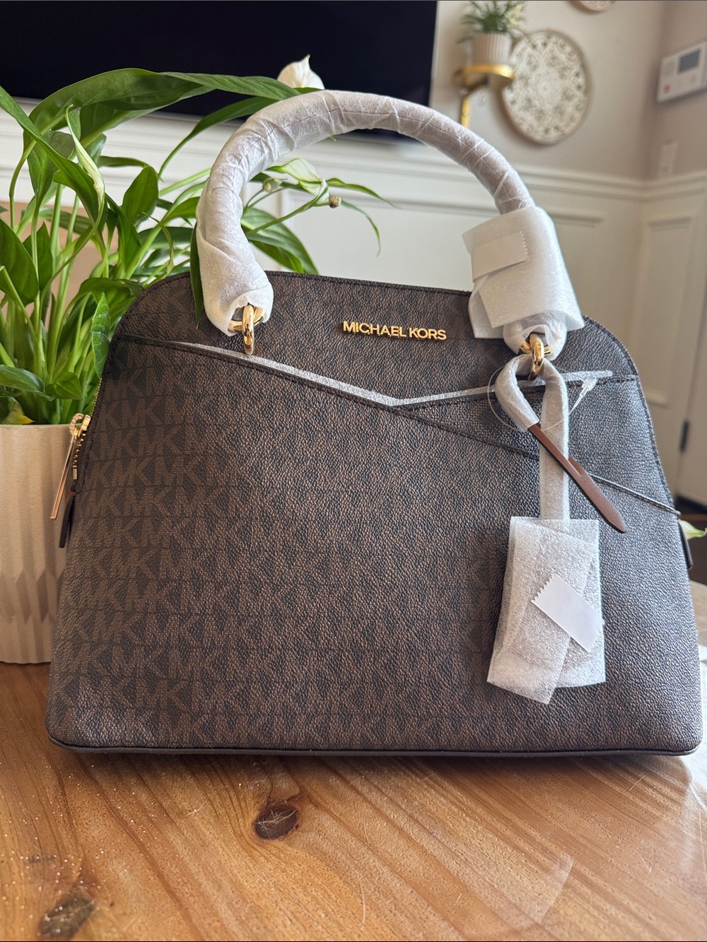 Michael Kors Brown Logo Dome Satchel with Gold Hardware
